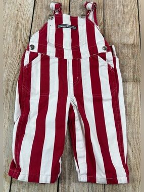 Game Bibs Red White Striped Button Overalls Baby Size 6 Months